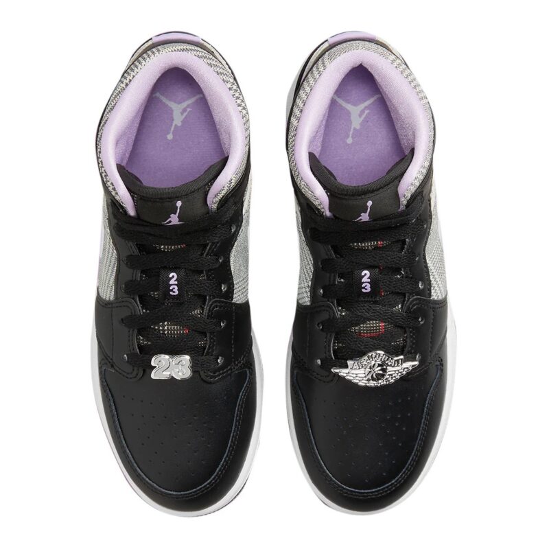 Big Kids Jordan 1 Mid Se Houndstooth Black/Lilac-White (Dc7226 015)